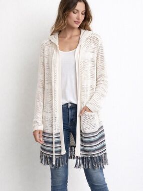 C Est 1946 NWT Cardigan Long Fringe Open Front Cream W/stripes Accent,Large